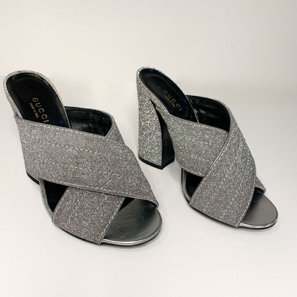 Gucci Webby Mules EU 36.5 US 6.5 Silver Glitter Block Heel Criss Cross Sandals